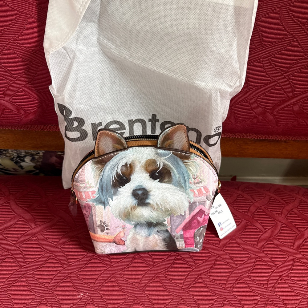 Brentano Crossbody Bag Dog Print Pink & White with Adjustable Strap - Picture 2 of 7